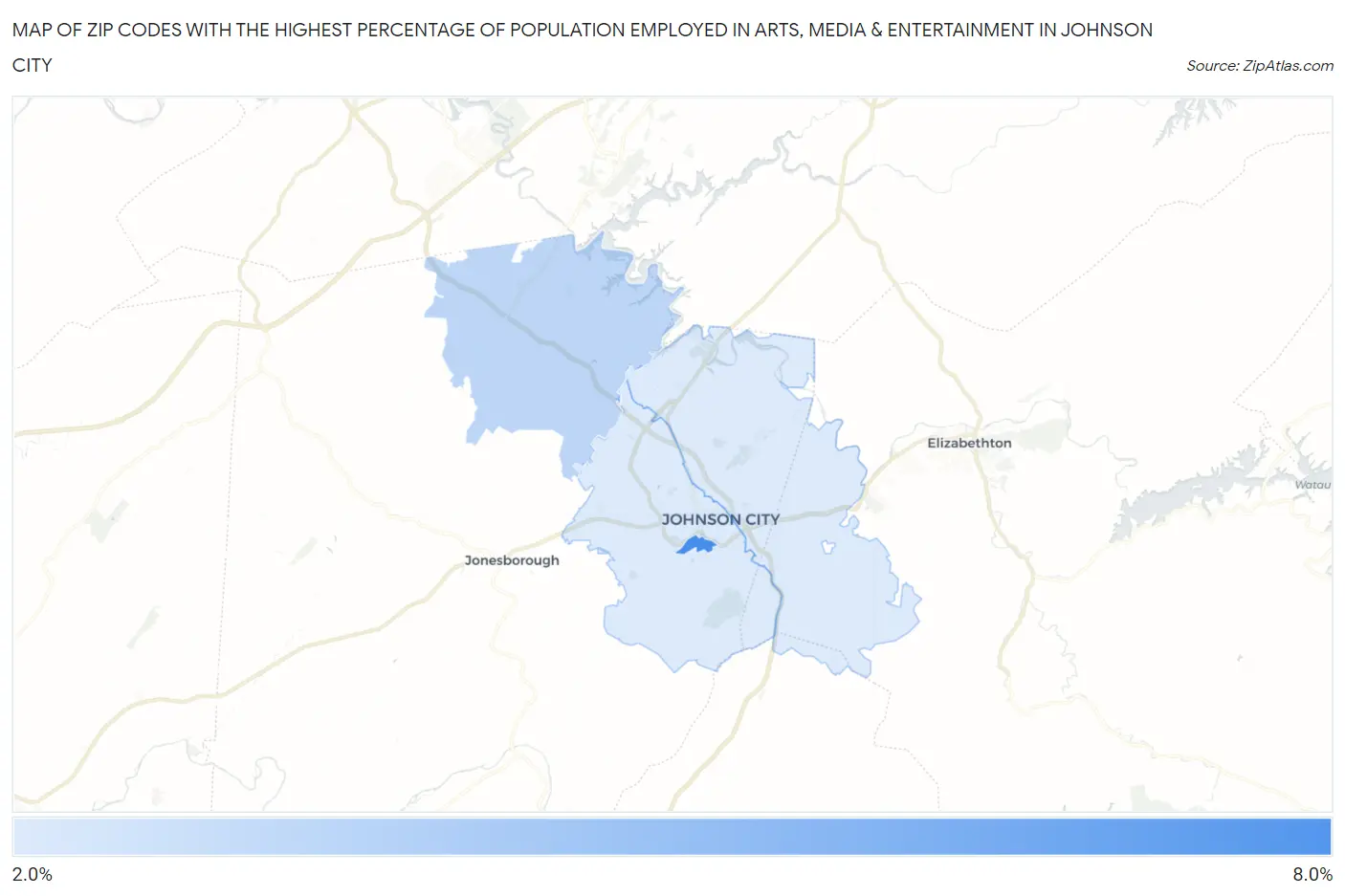 Zip Codes with the Highest Percentage of Population Employed in Arts, Media & Entertainment in Johnson City Map