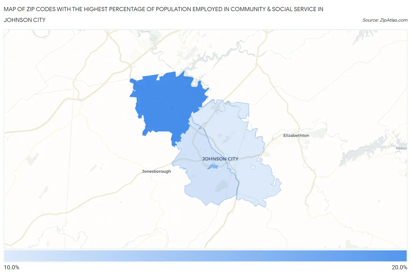 Zip Codes with the Highest Percentage of Population Employed in Community & Social Service  in Johnson City Map