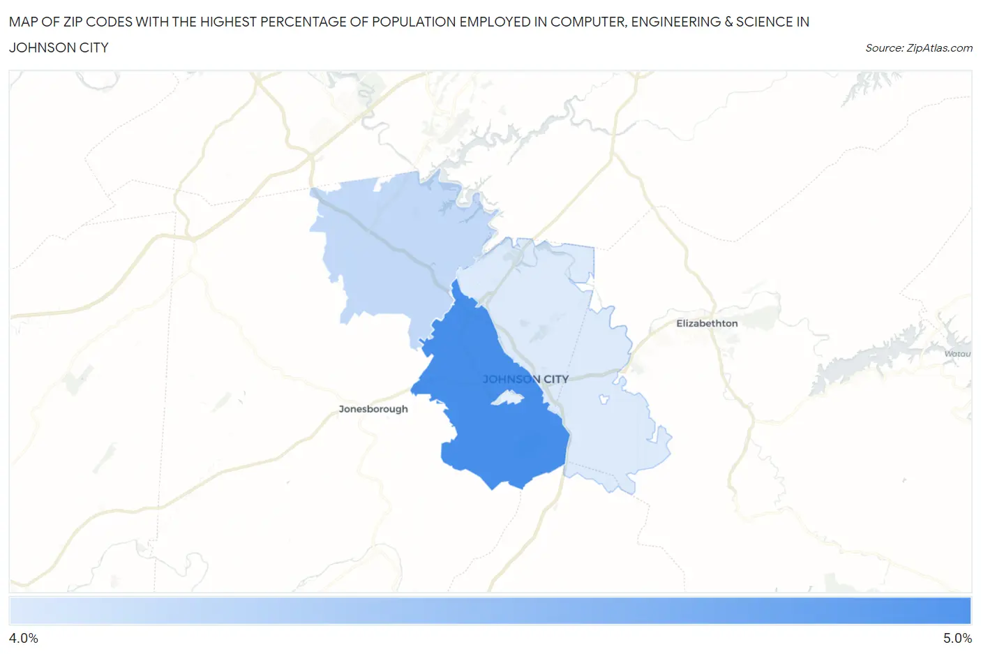 Zip Codes with the Highest Percentage of Population Employed in Computer, Engineering & Science in Johnson City Map