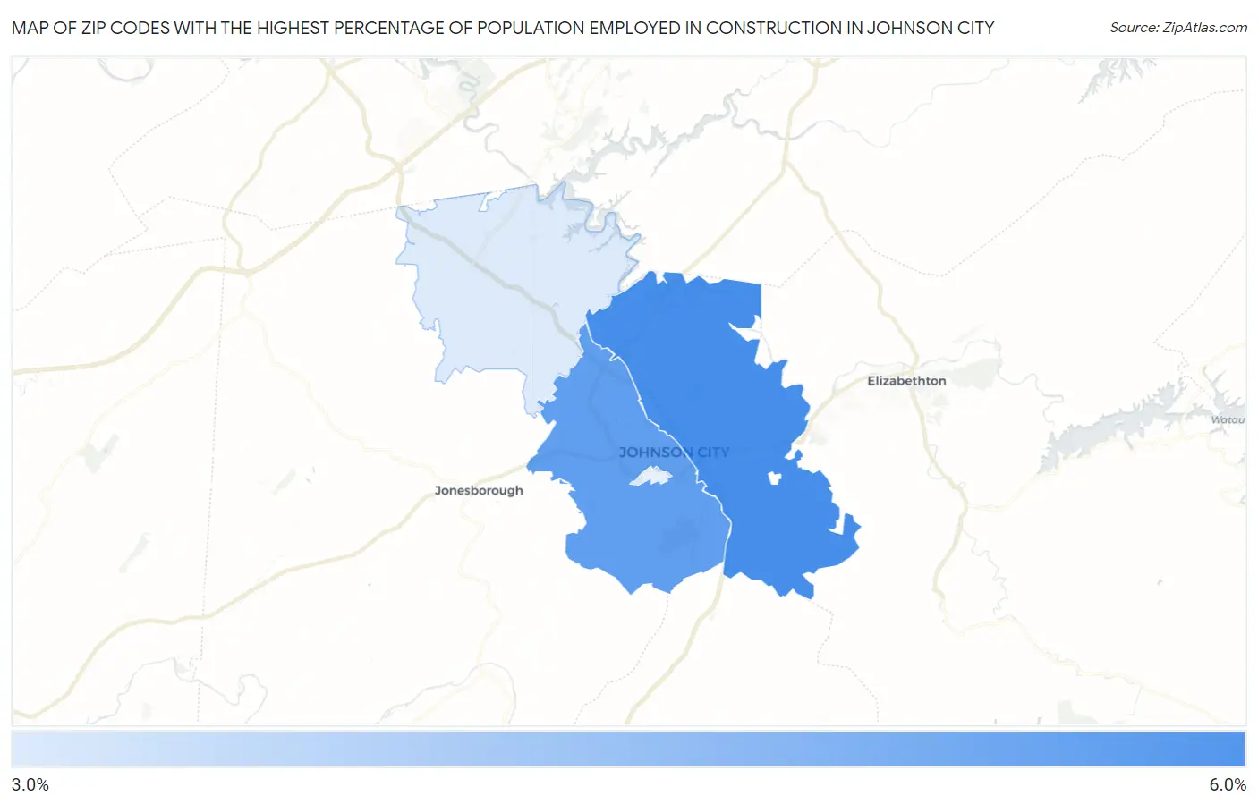 Zip Codes with the Highest Percentage of Population Employed in Construction in Johnson City Map