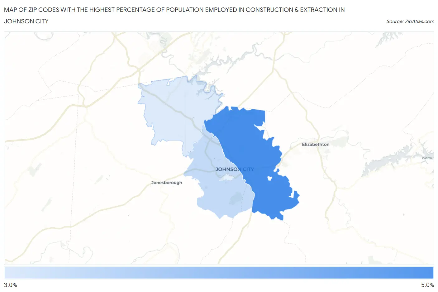 Zip Codes with the Highest Percentage of Population Employed in Construction & Extraction in Johnson City Map