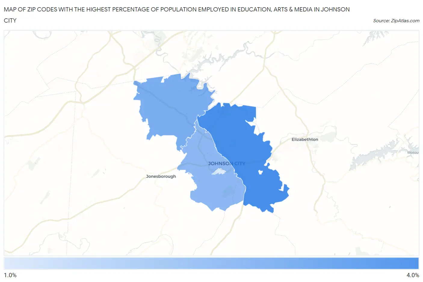Zip Codes with the Highest Percentage of Population Employed in Education, Arts & Media in Johnson City Map