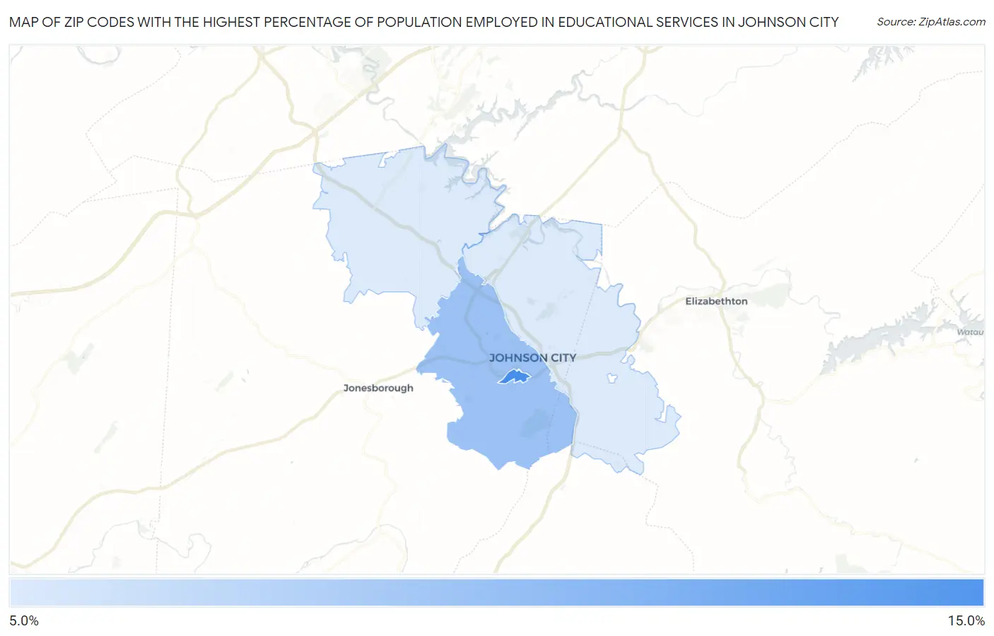Zip Codes with the Highest Percentage of Population Employed in Educational Services in Johnson City Map