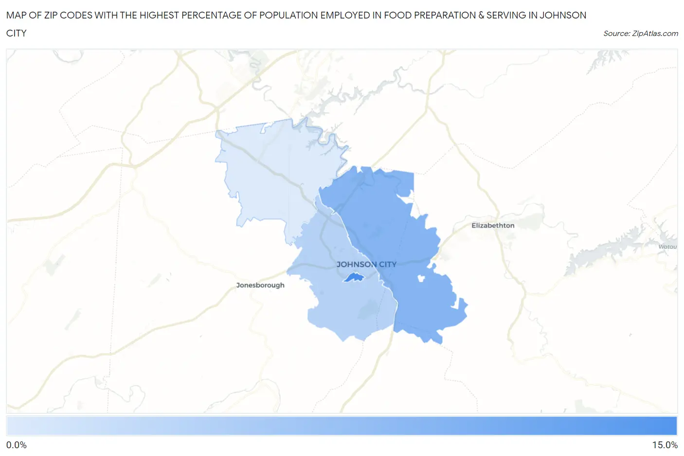 Zip Codes with the Highest Percentage of Population Employed in Food Preparation & Serving in Johnson City Map