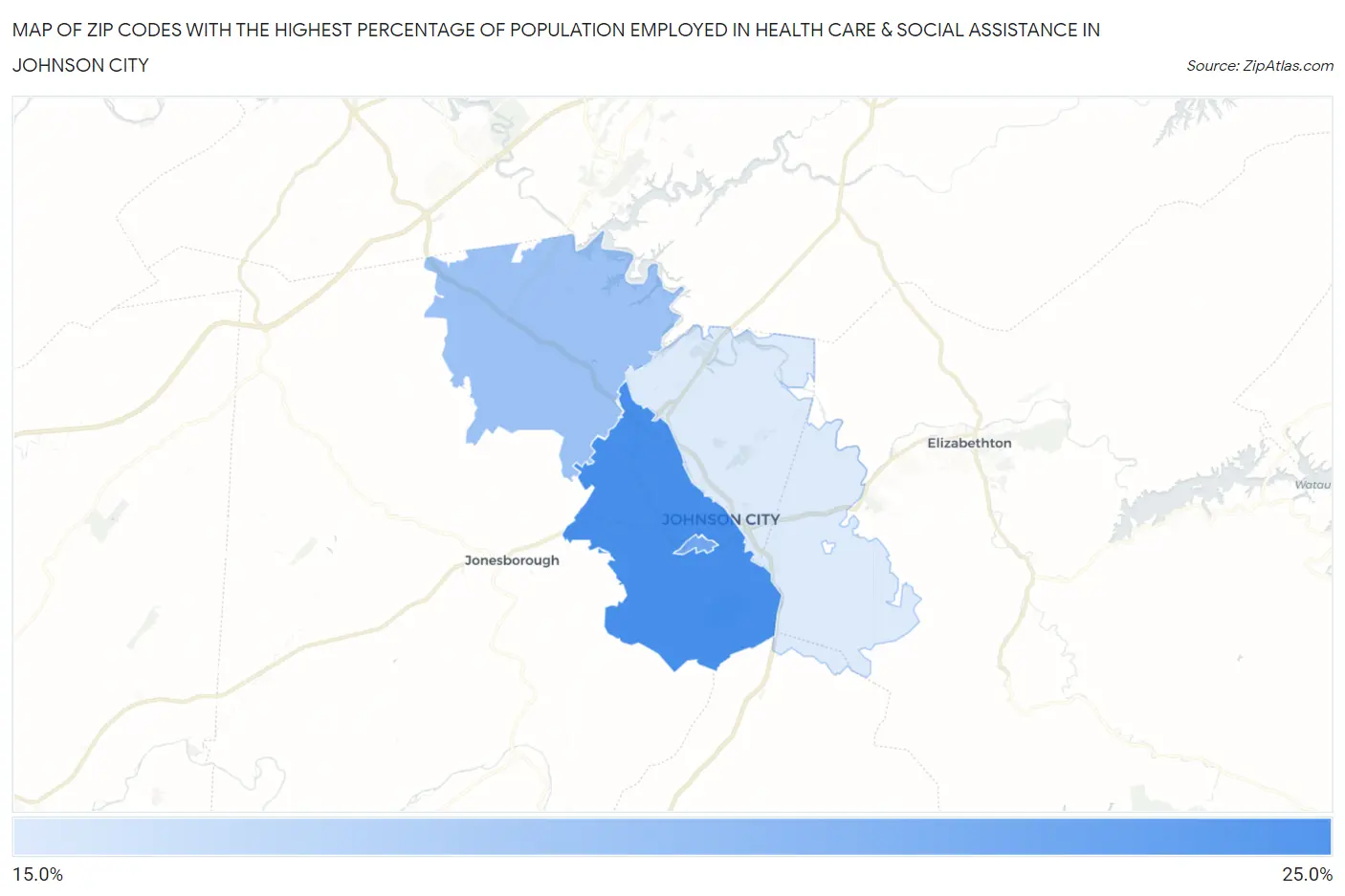 Zip Codes with the Highest Percentage of Population Employed in Health Care & Social Assistance in Johnson City Map