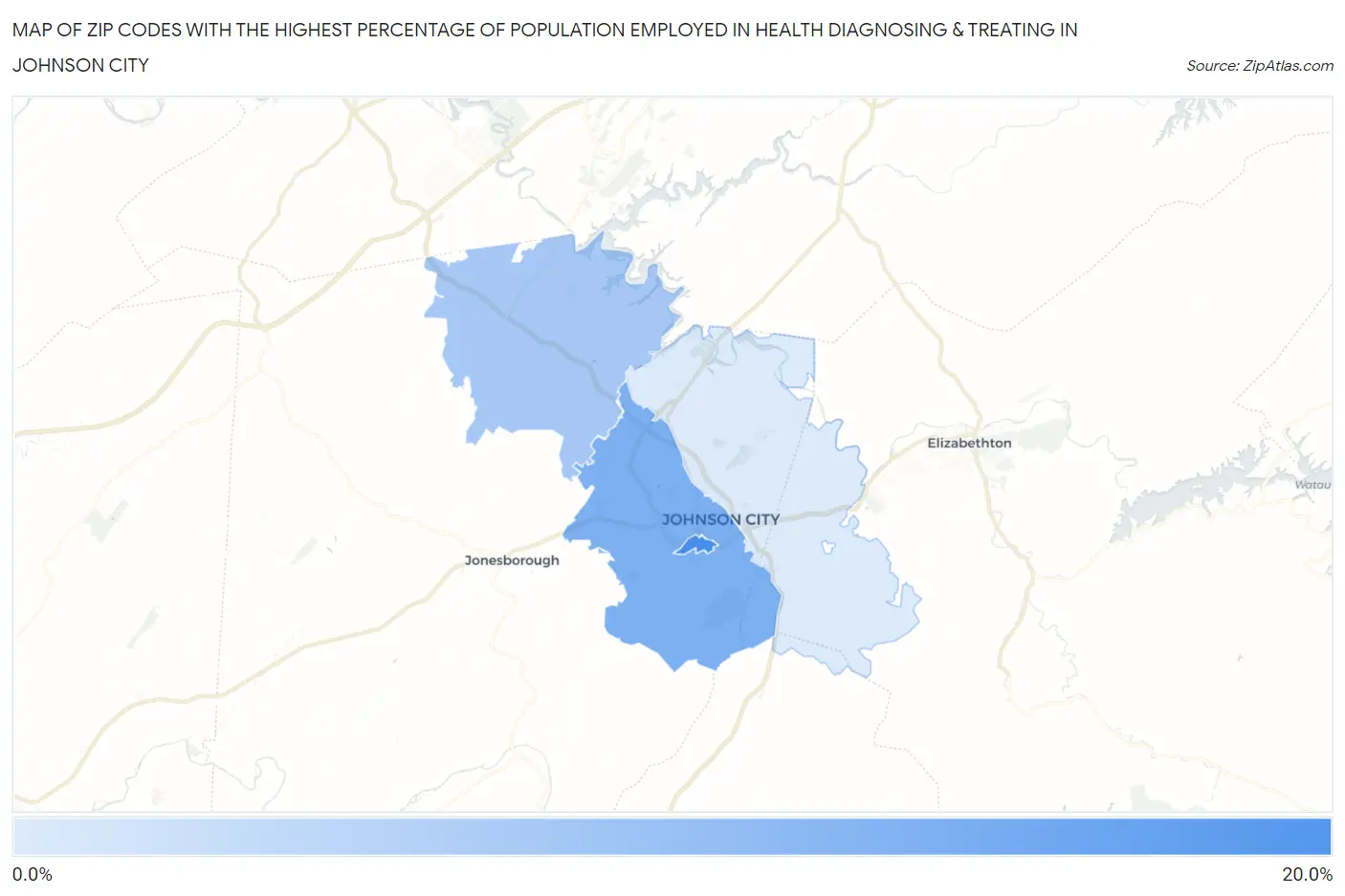 Zip Codes with the Highest Percentage of Population Employed in Health Diagnosing & Treating in Johnson City Map