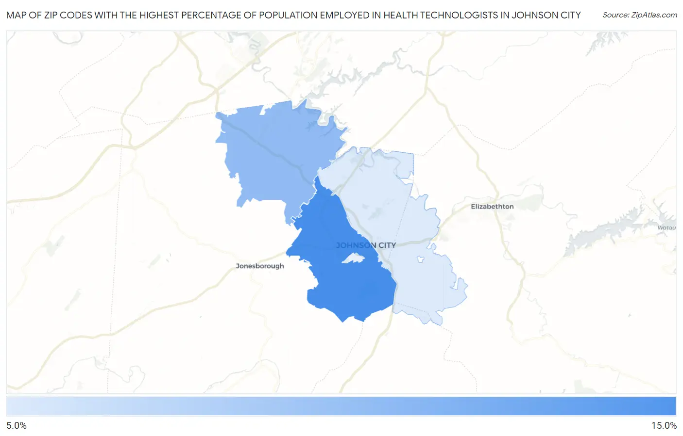 Zip Codes with the Highest Percentage of Population Employed in Health Technologists in Johnson City Map
