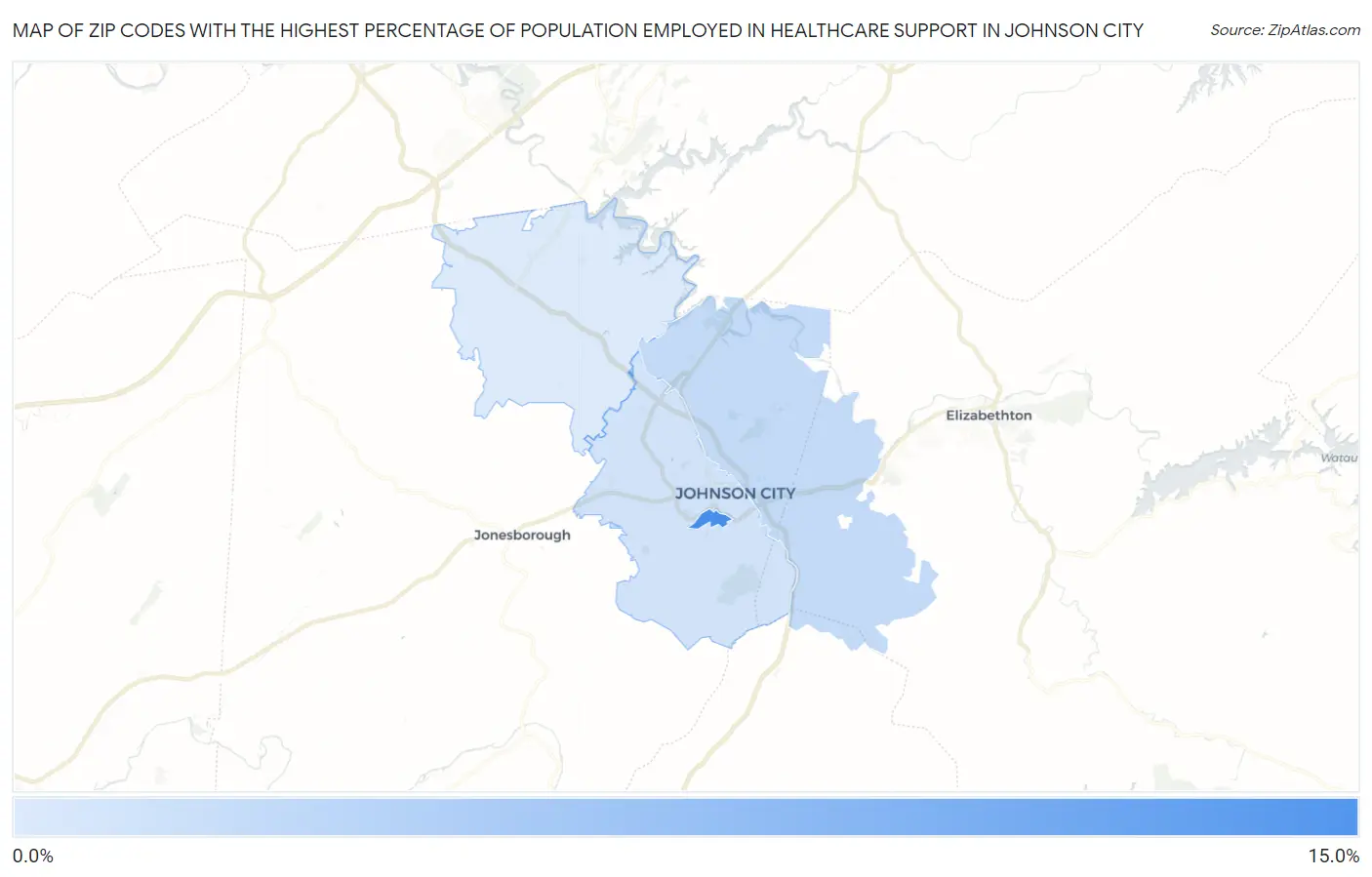 Zip Codes with the Highest Percentage of Population Employed in Healthcare Support in Johnson City Map