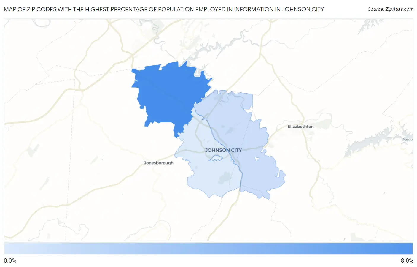 Zip Codes with the Highest Percentage of Population Employed in Information in Johnson City Map