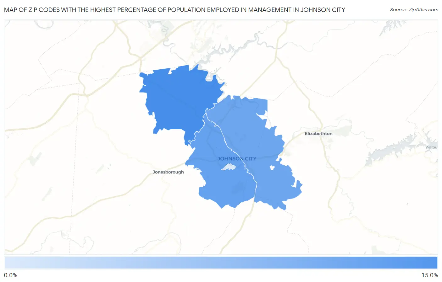 Zip Codes with the Highest Percentage of Population Employed in Management in Johnson City Map