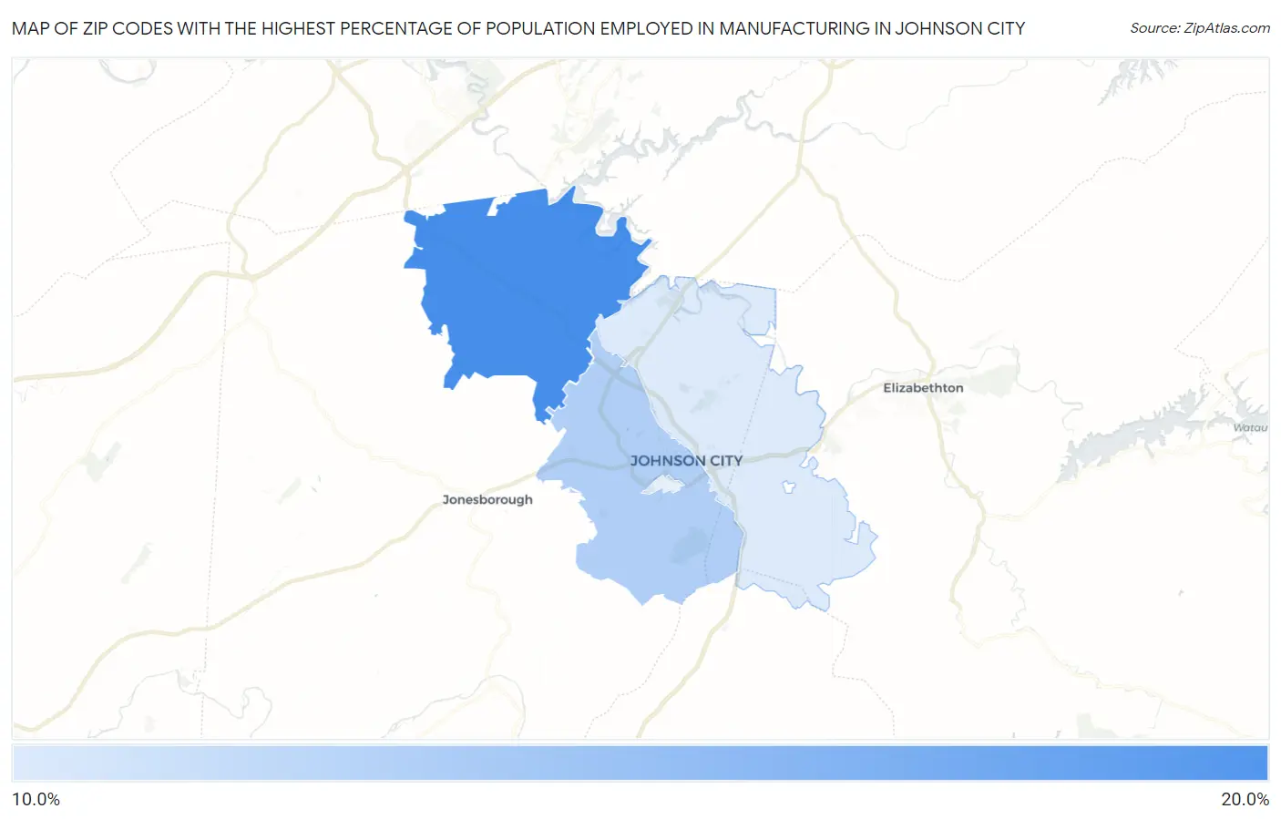 Zip Codes with the Highest Percentage of Population Employed in Manufacturing in Johnson City Map