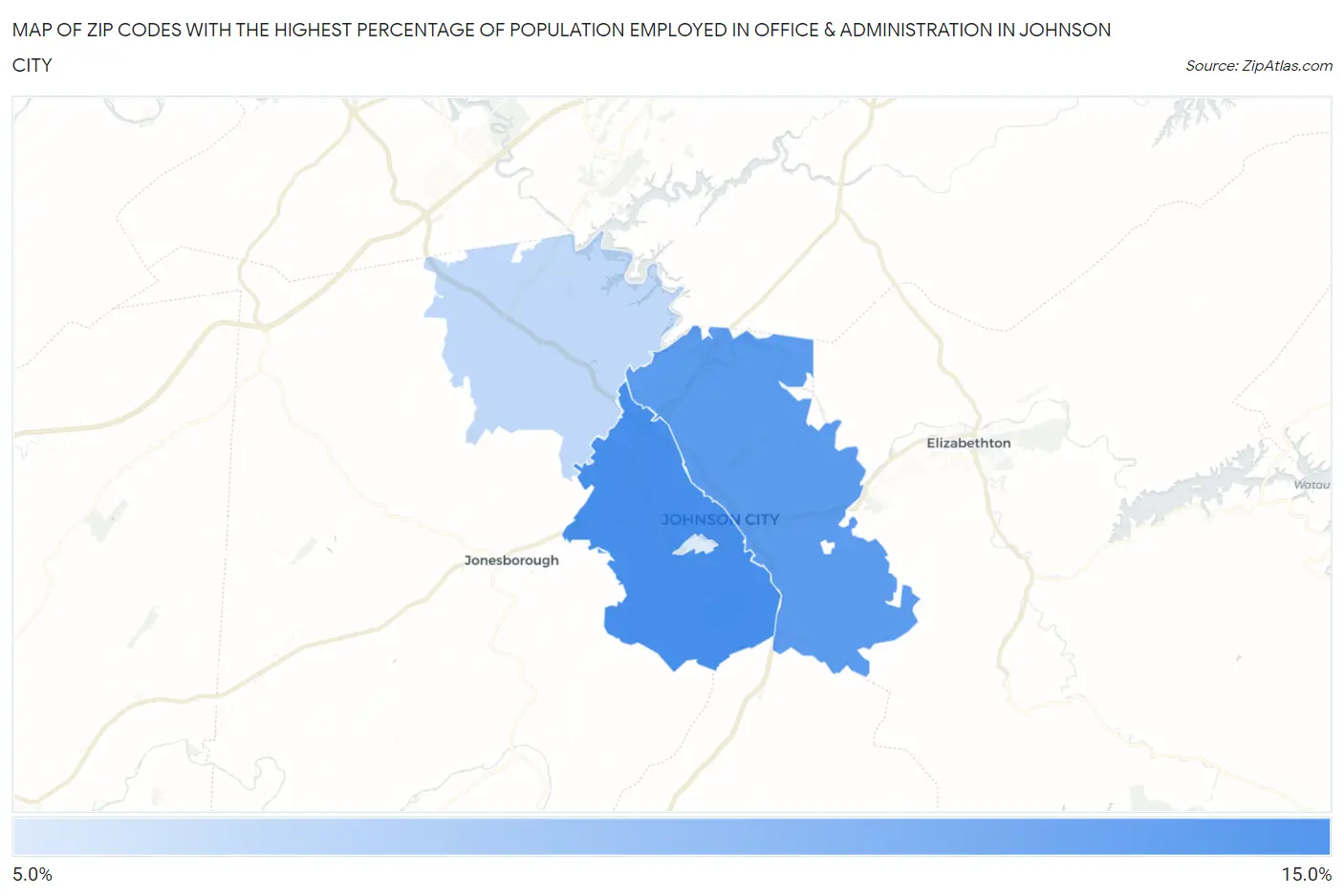 Zip Codes with the Highest Percentage of Population Employed in Office & Administration in Johnson City Map