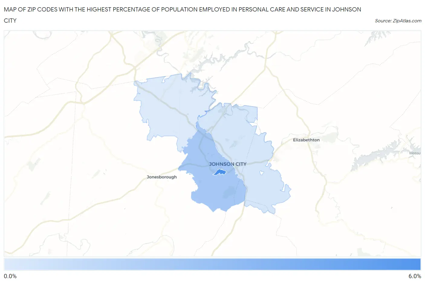 Zip Codes with the Highest Percentage of Population Employed in Personal Care and Service in Johnson City Map