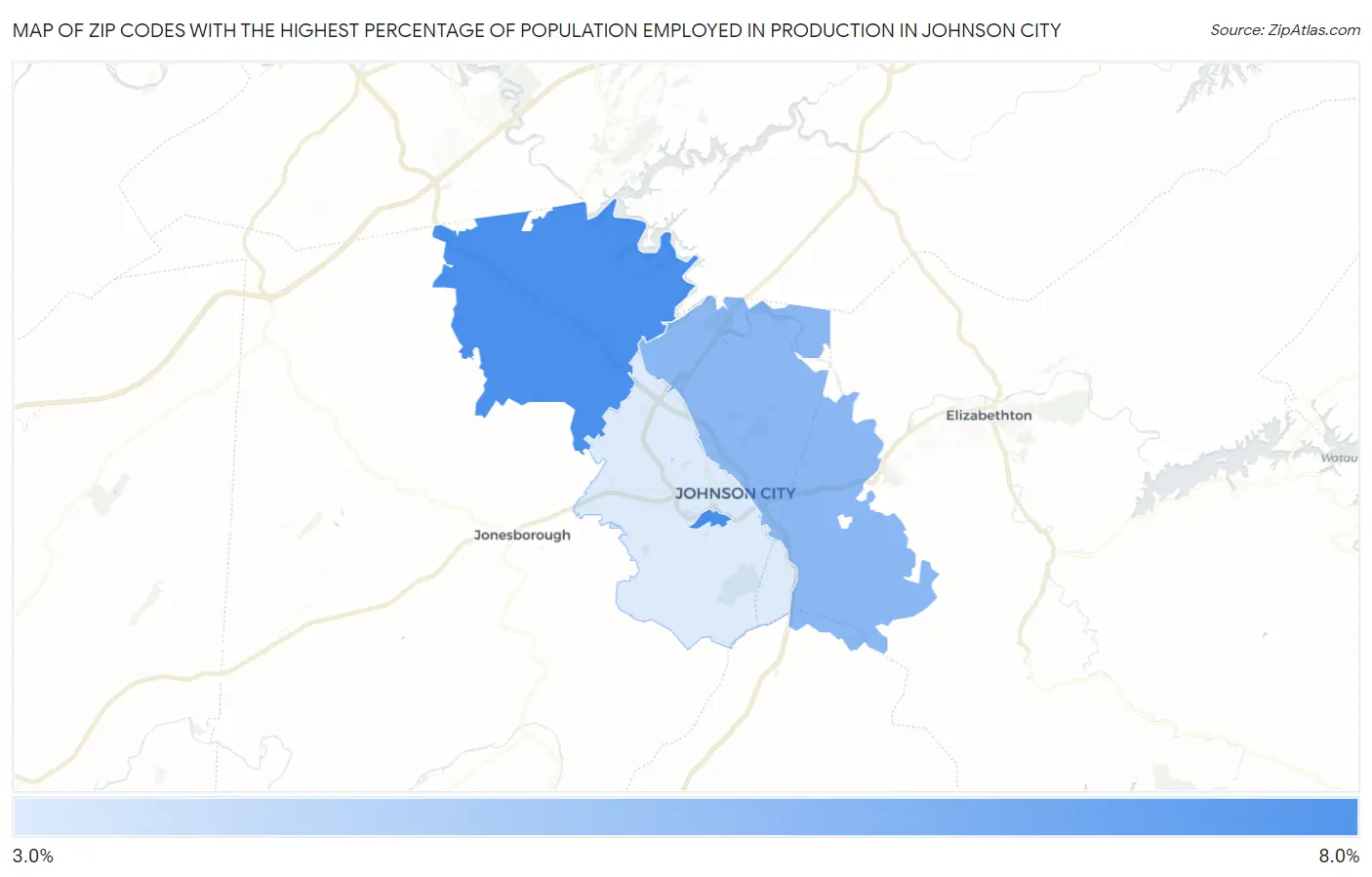 Zip Codes with the Highest Percentage of Population Employed in Production in Johnson City Map