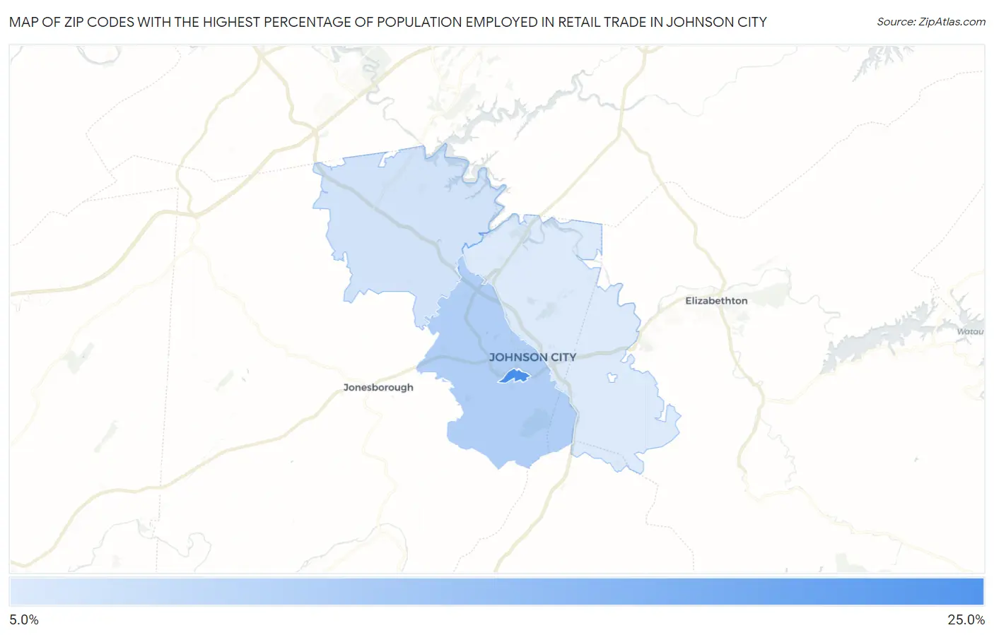 Zip Codes with the Highest Percentage of Population Employed in Retail Trade in Johnson City Map