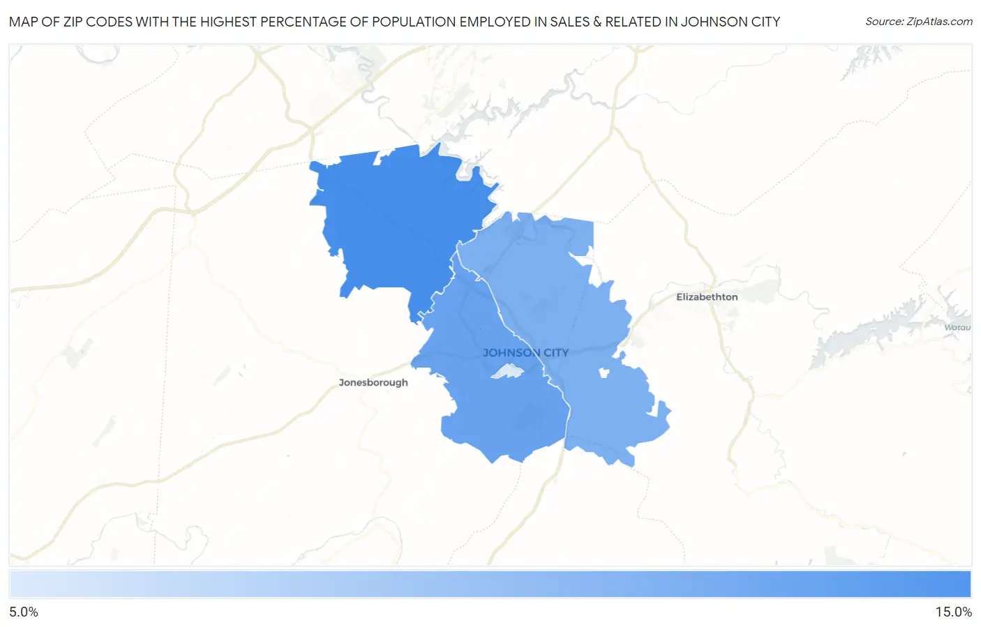 Zip Codes with the Highest Percentage of Population Employed in Sales & Related in Johnson City Map