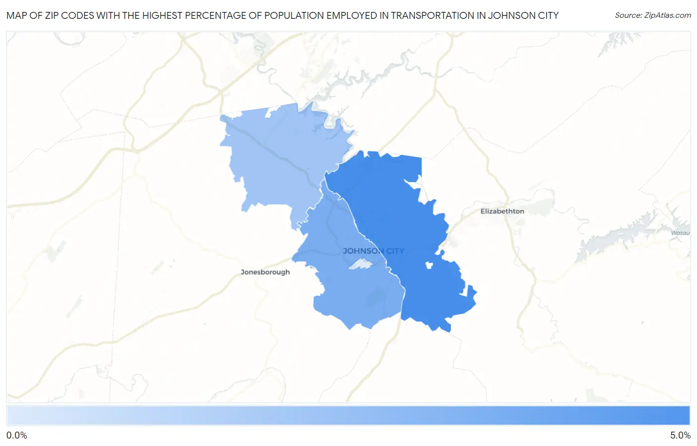 Zip Codes with the Highest Percentage of Population Employed in Transportation in Johnson City Map