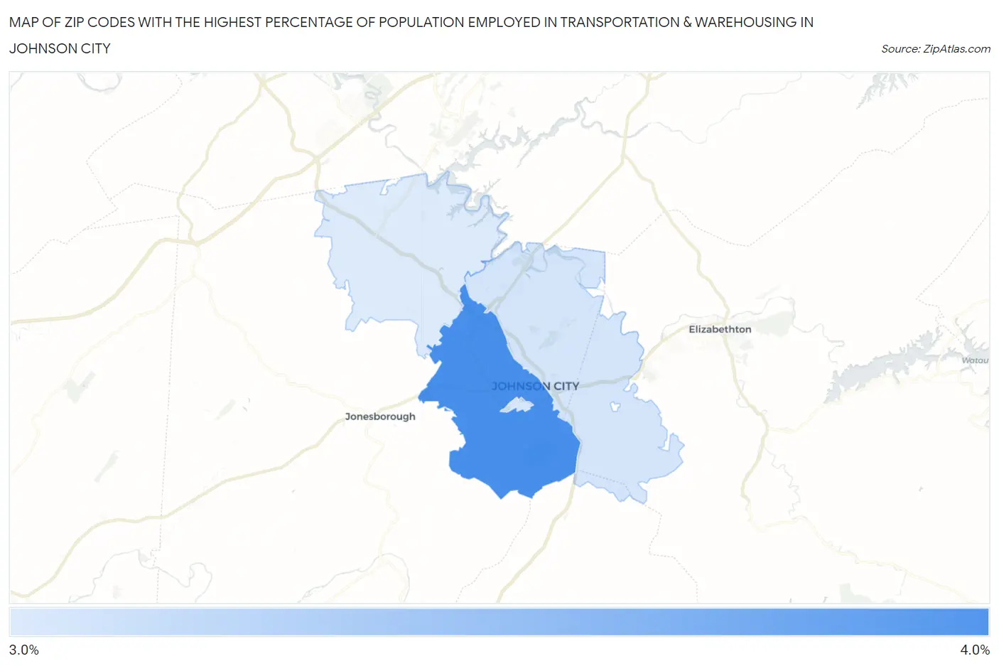 Zip Codes with the Highest Percentage of Population Employed in Transportation & Warehousing in Johnson City Map