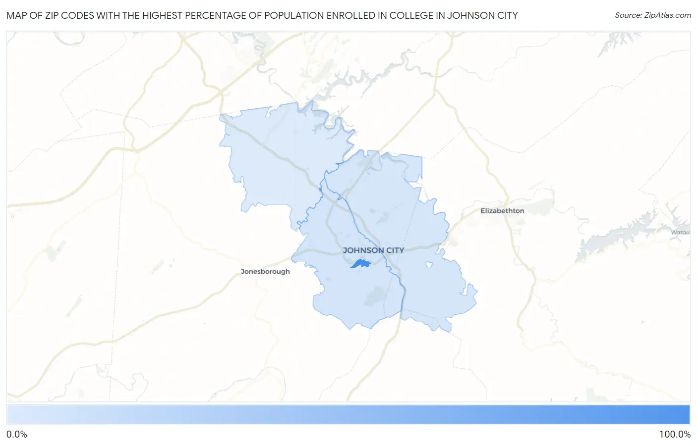 Zip Codes with the Highest Percentage of Population Enrolled in College in Johnson City Map