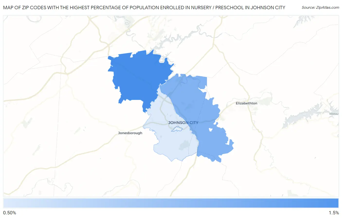 Zip Codes with the Highest Percentage of Population Enrolled in Nursery / Preschool in Johnson City Map