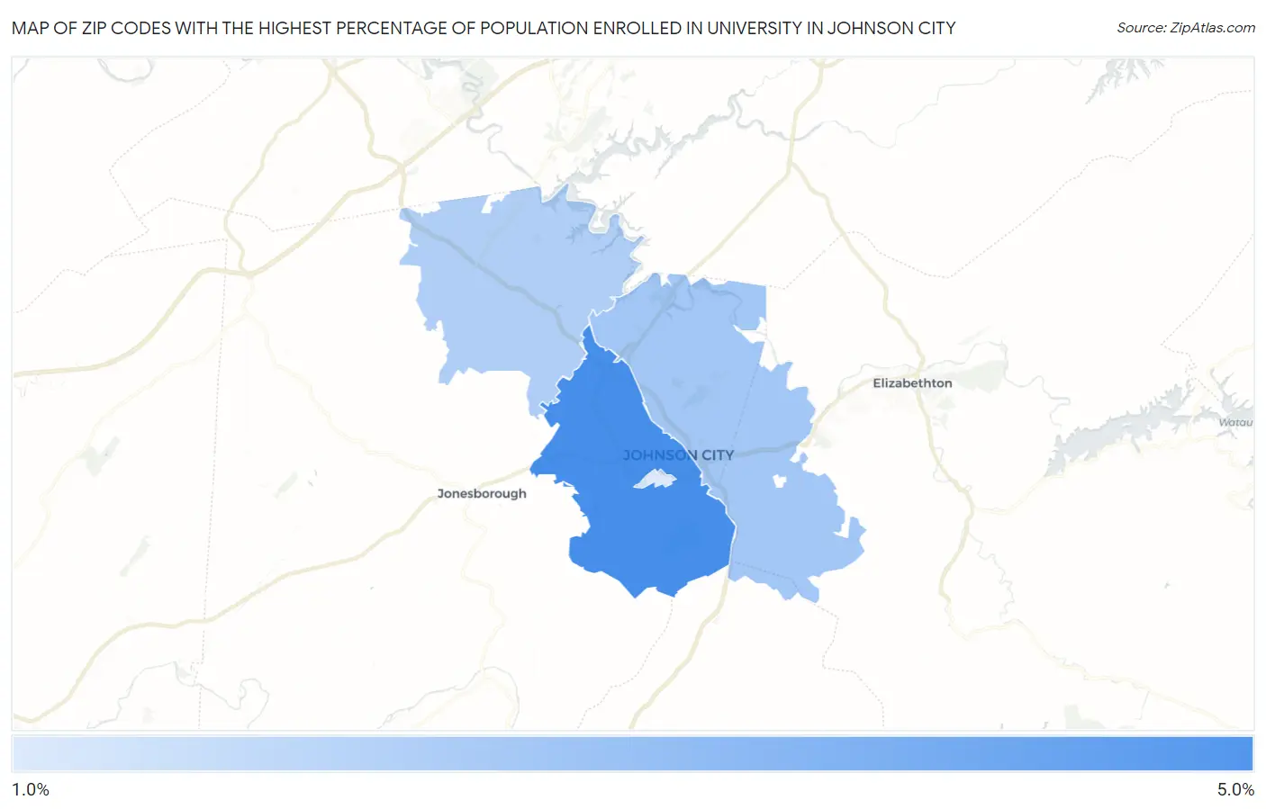 Zip Codes with the Highest Percentage of Population Enrolled in University in Johnson City Map