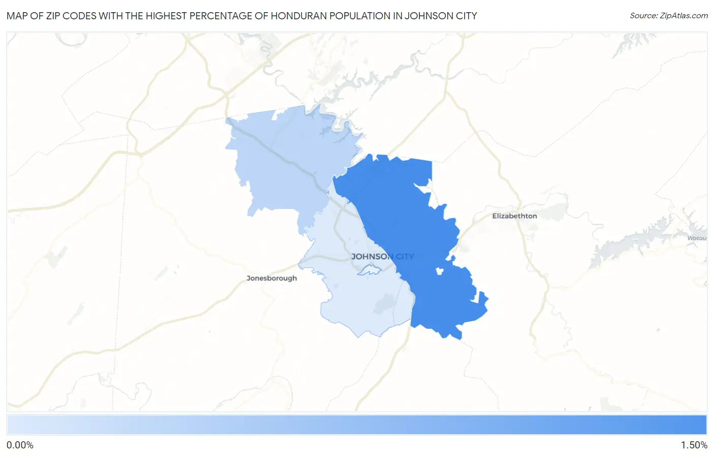 Zip Codes with the Highest Percentage of Honduran Population in Johnson City Map