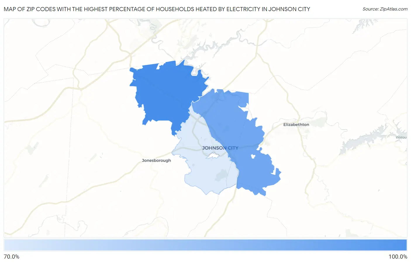 Zip Codes with the Highest Percentage of Households Heated by Electricity in Johnson City Map