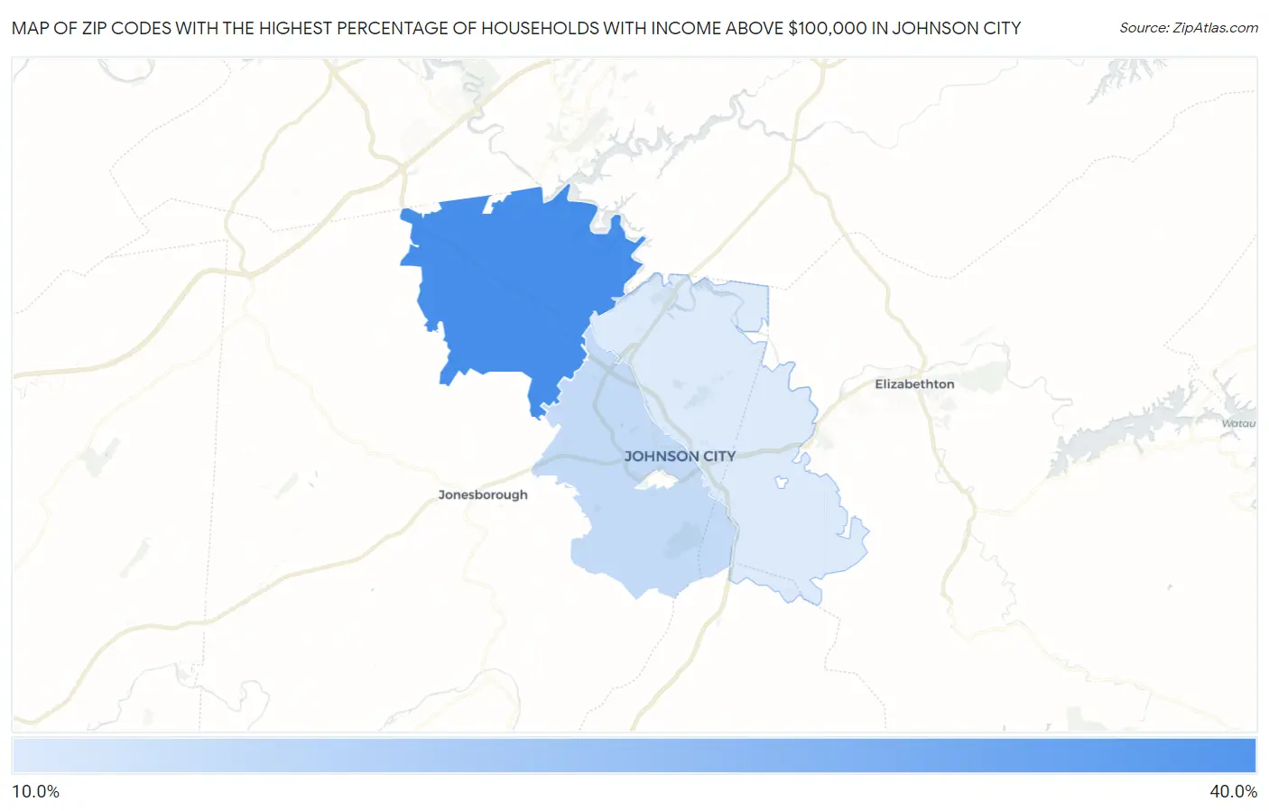 Zip Codes with the Highest Percentage of Households with Income Above $100,000 in Johnson City Map
