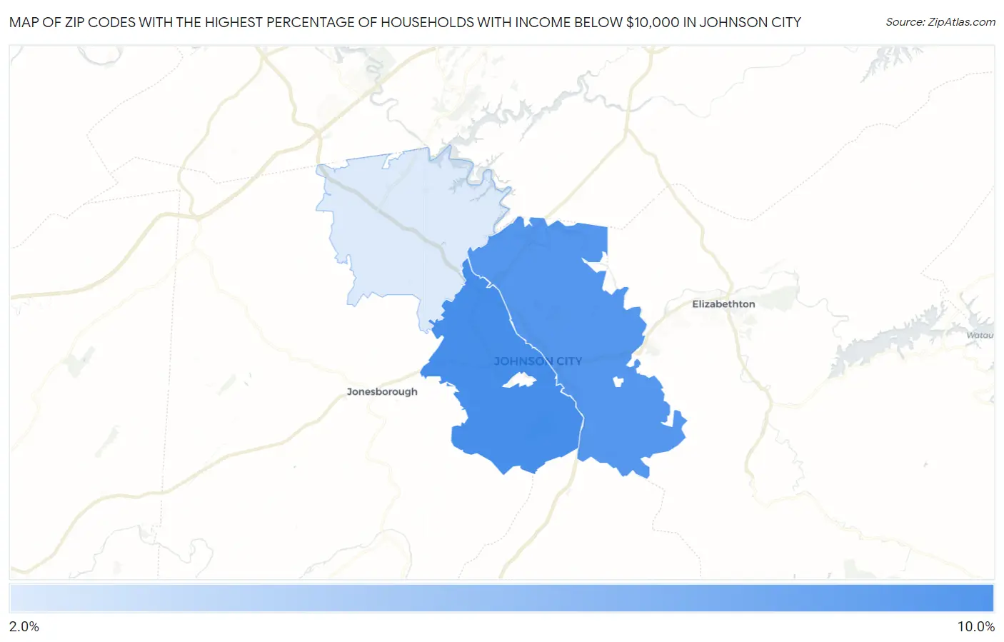 Zip Codes with the Highest Percentage of Households with Income Below $10,000 in Johnson City Map