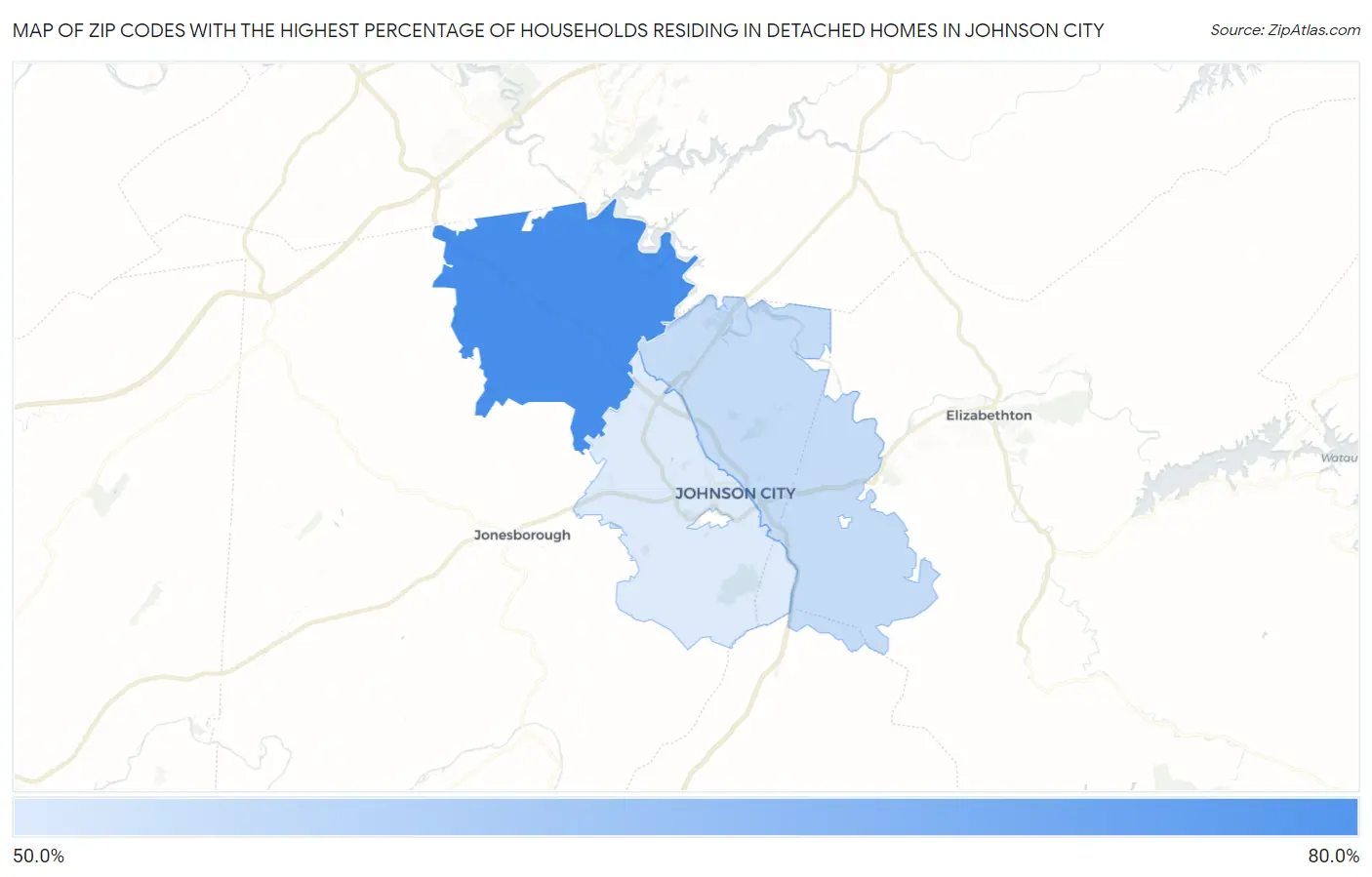 Zip Codes with the Highest Percentage of Households Residing in Detached Homes in Johnson City Map