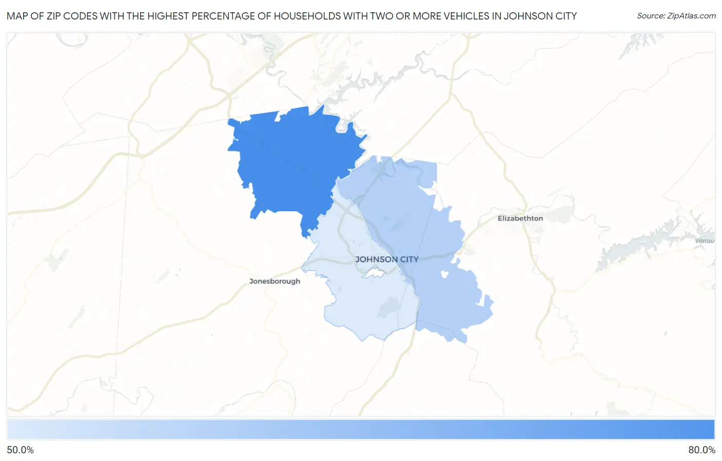 Zip Codes with the Highest Percentage of Households With Two or more Vehicles in Johnson City Map