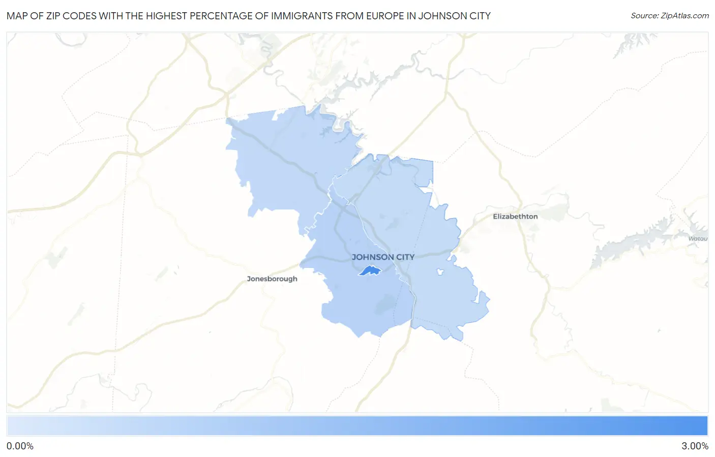 Zip Codes with the Highest Percentage of Immigrants from Europe in Johnson City Map
