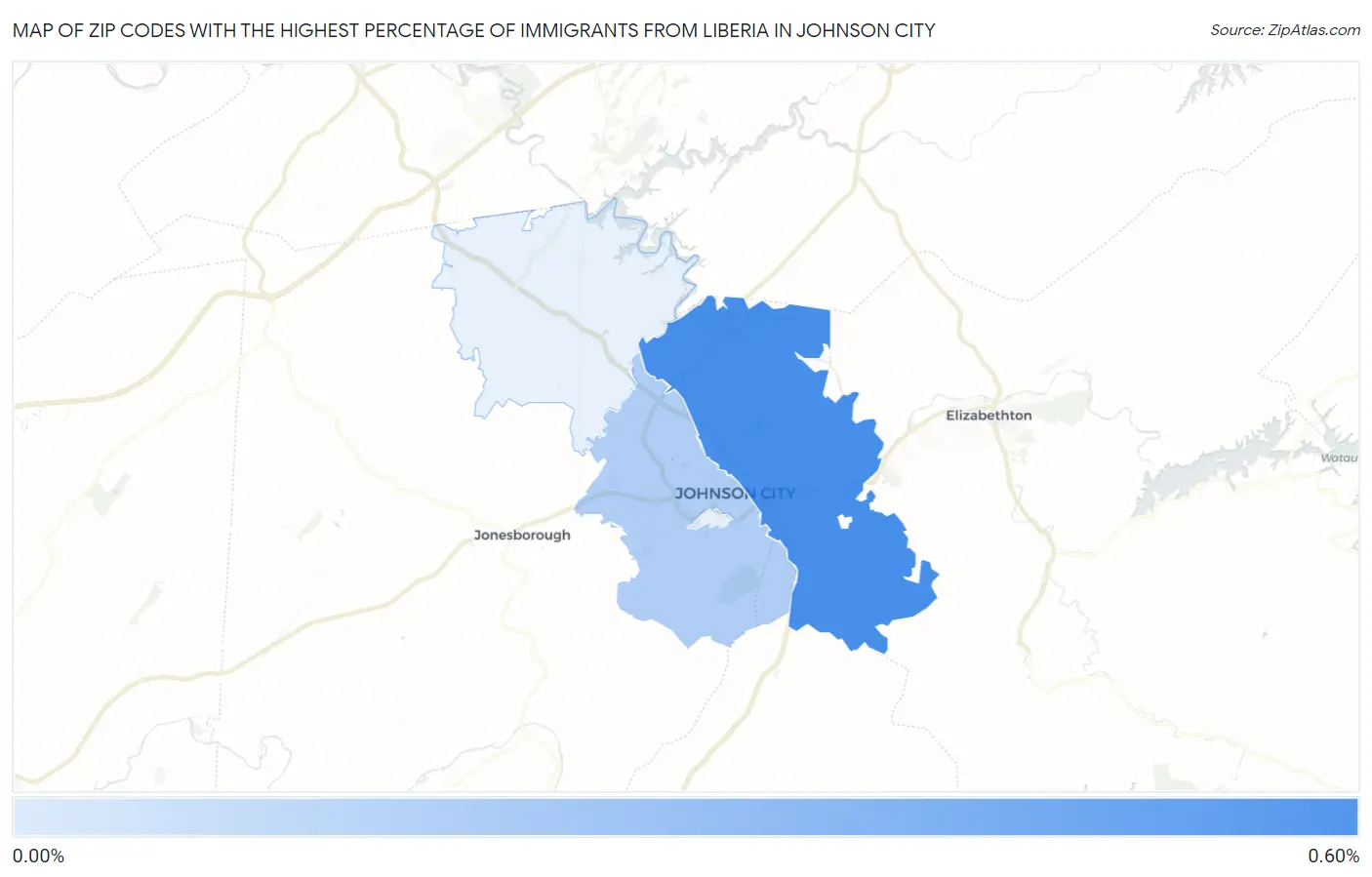 Zip Codes with the Highest Percentage of Immigrants from Liberia in Johnson City Map