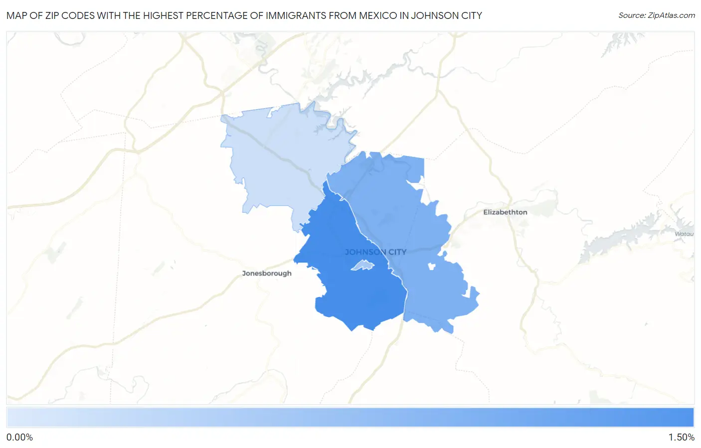 Zip Codes with the Highest Percentage of Immigrants from Mexico in Johnson City Map