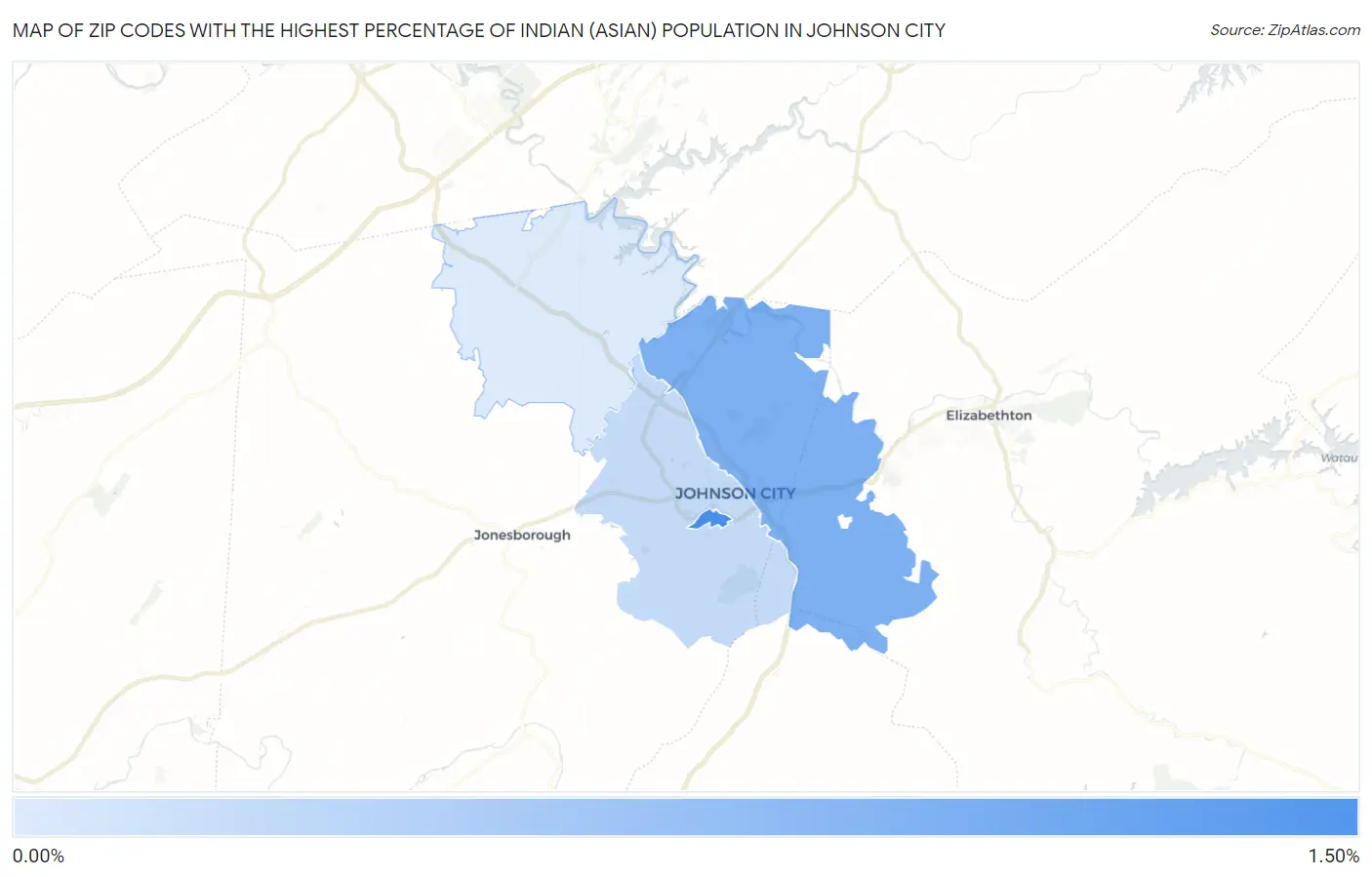 Zip Codes with the Highest Percentage of Indian (Asian) Population in Johnson City Map