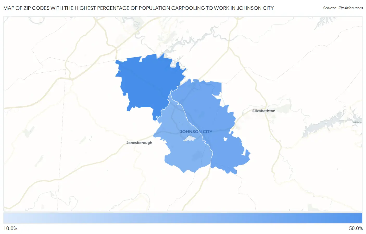 Zip Codes with the Highest Percentage of Population Carpooling to Work in Johnson City Map