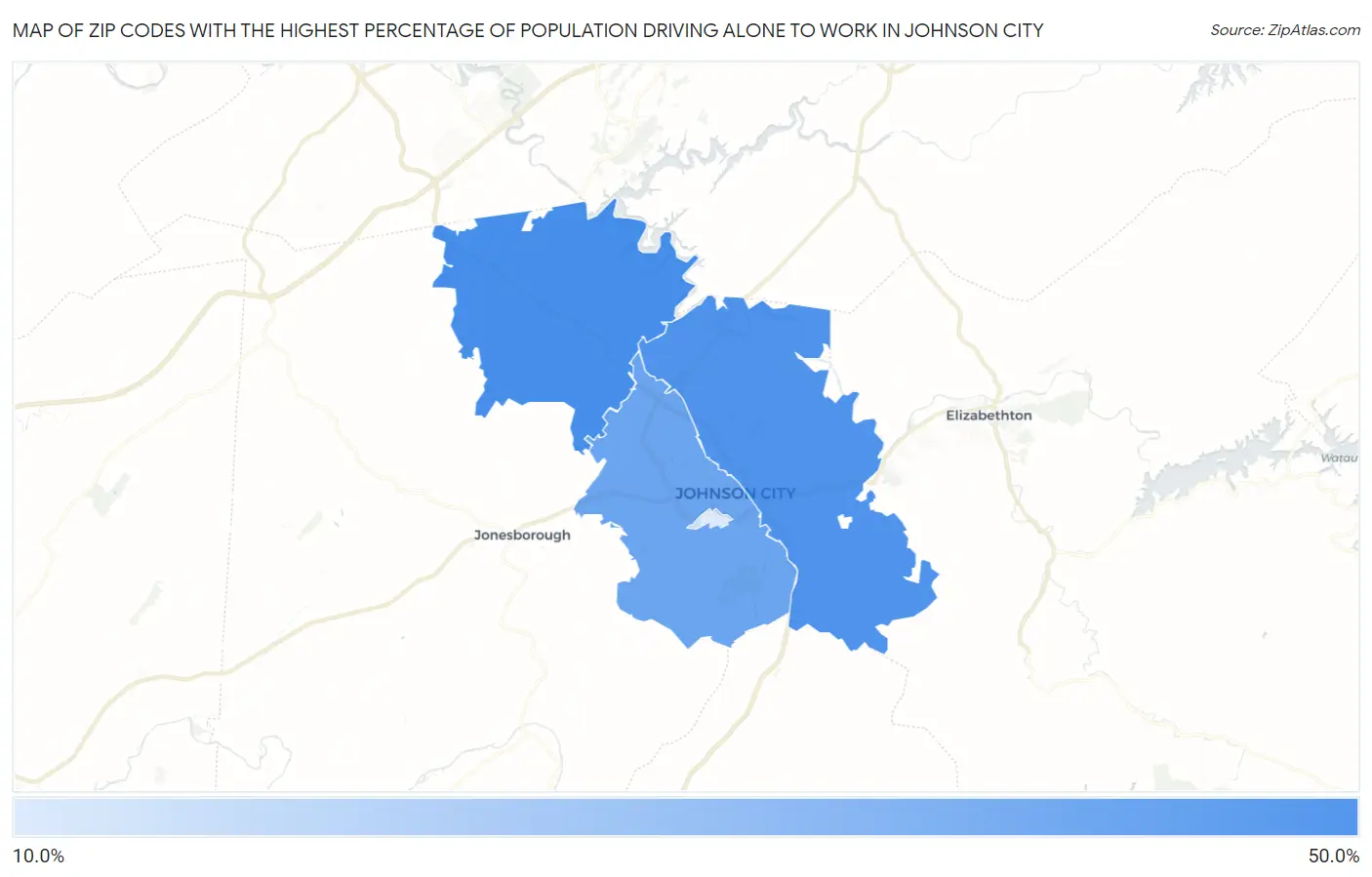 Zip Codes with the Highest Percentage of Population Driving Alone to Work in Johnson City Map