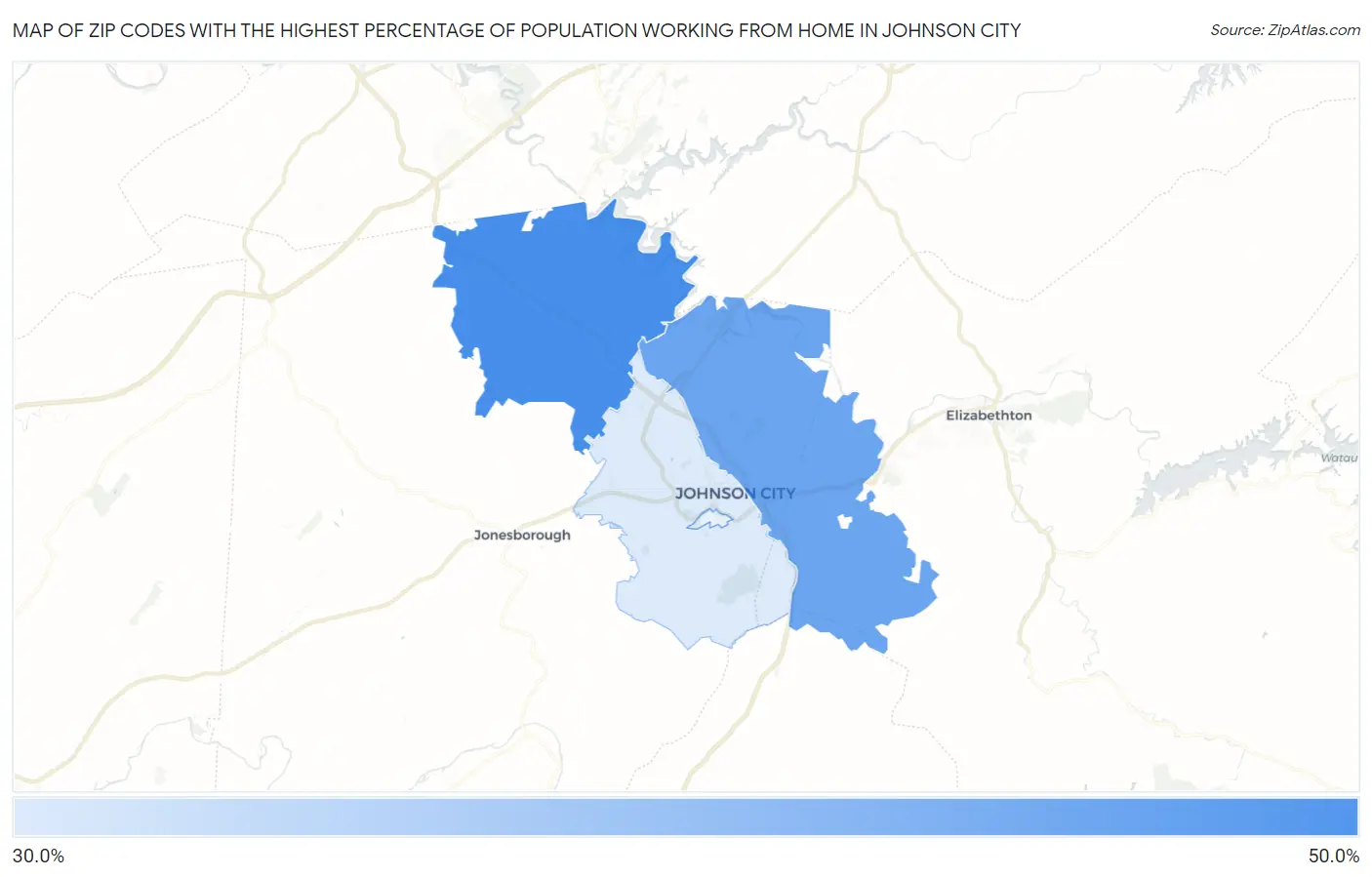 Zip Codes with the Highest Percentage of Population Working from Home in Johnson City Map