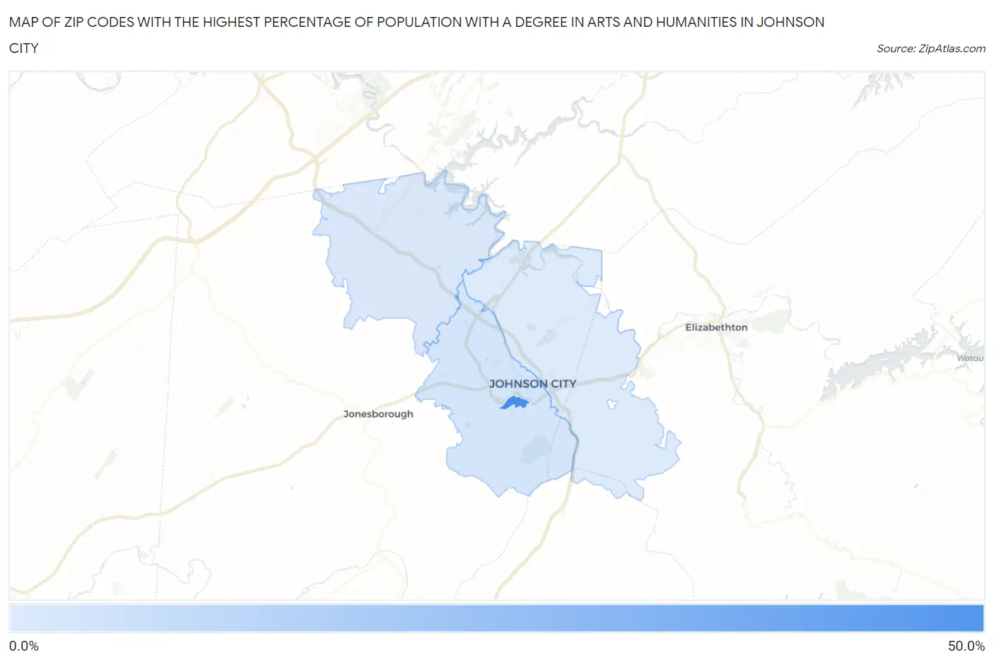 Zip Codes with the Highest Percentage of Population with a Degree in Arts and Humanities in Johnson City Map