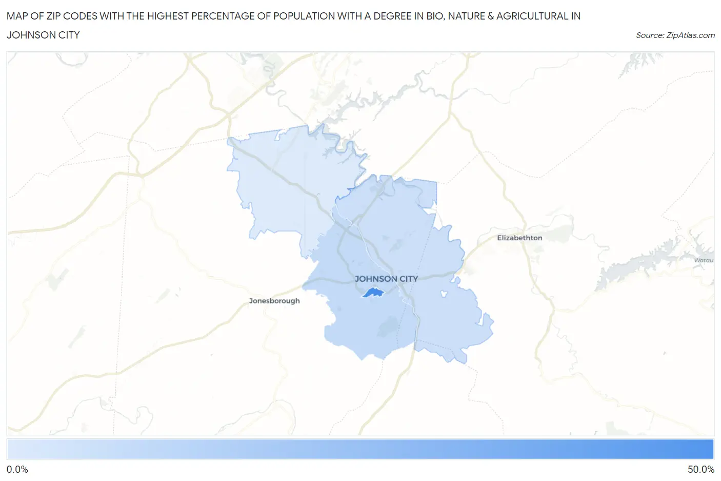 Zip Codes with the Highest Percentage of Population with a Degree in Bio, Nature & Agricultural in Johnson City Map
