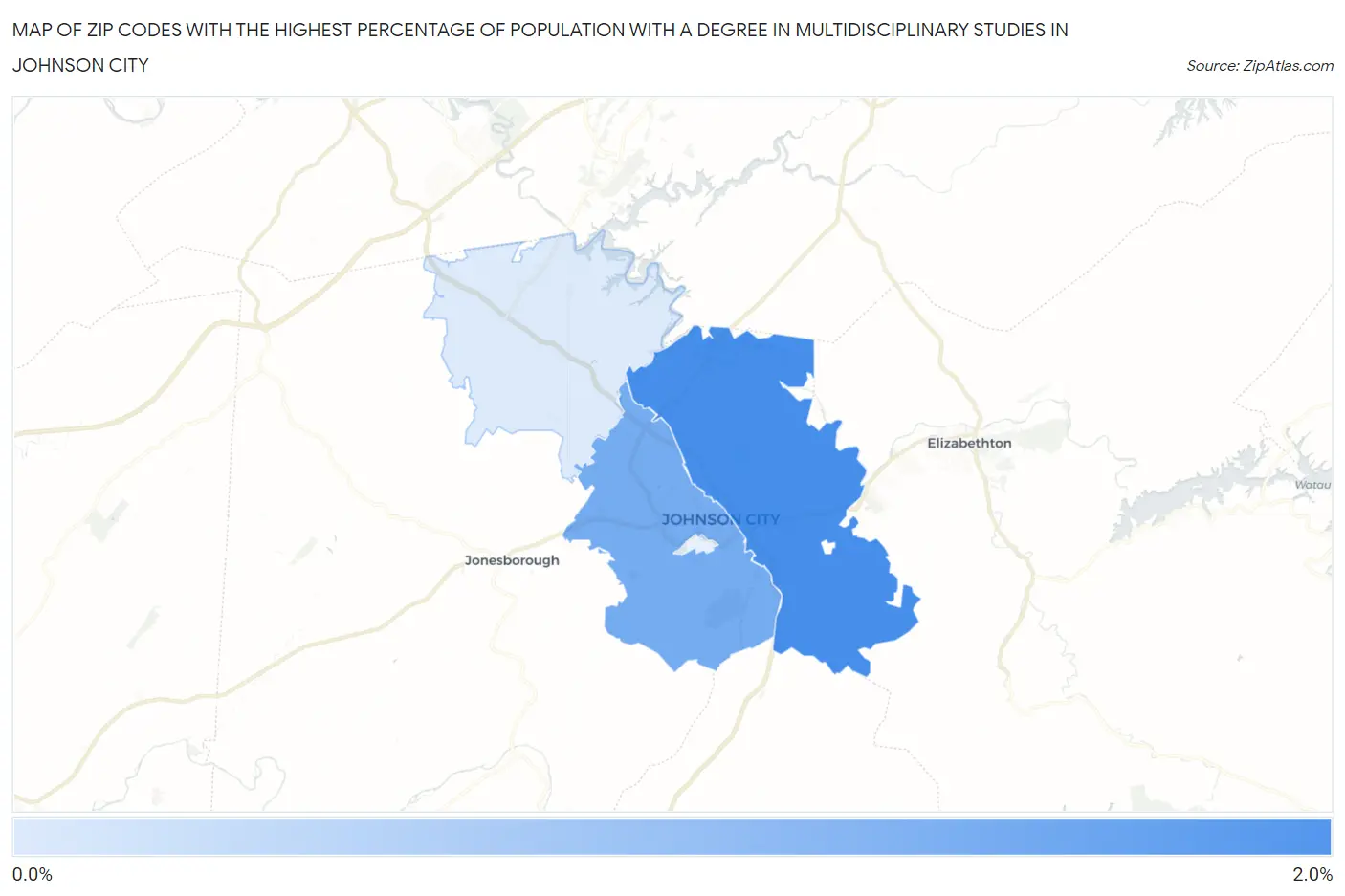 Zip Codes with the Highest Percentage of Population with a Degree in Multidisciplinary Studies in Johnson City Map
