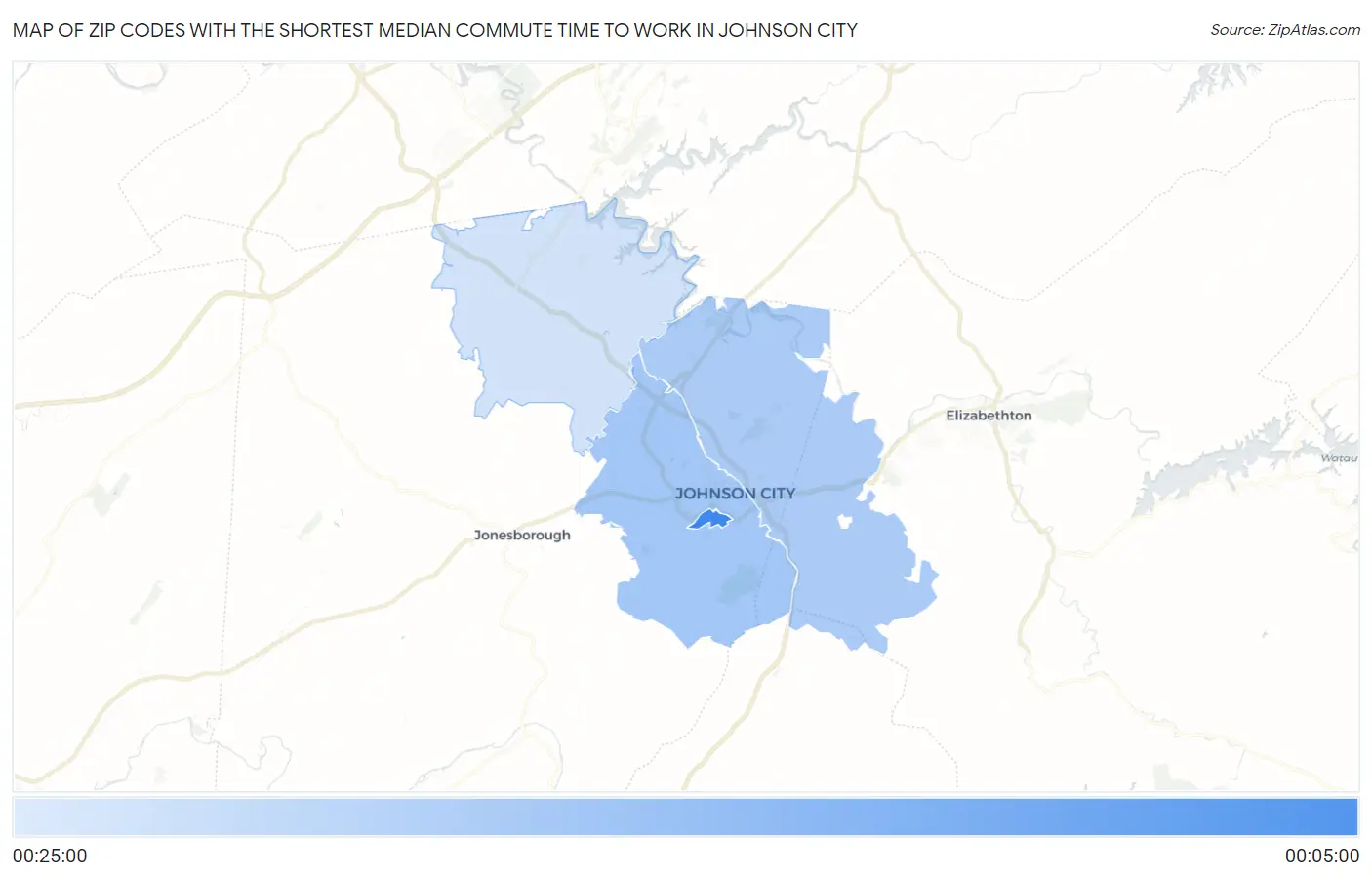 Zip Codes with the Shortest Median Commute Time to Work in Johnson City Map