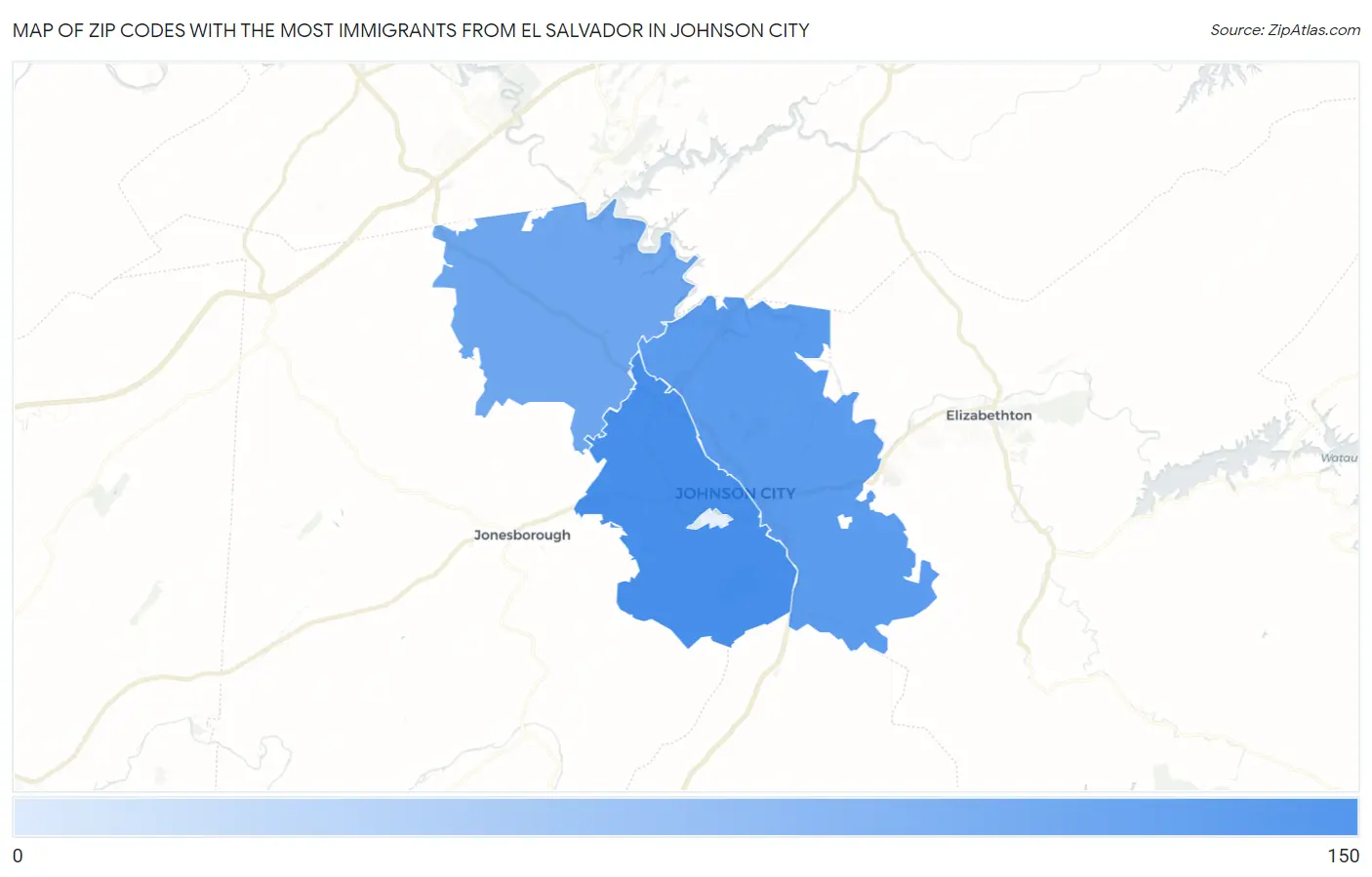 Zip Codes with the Most Immigrants from El Salvador in Johnson City Map