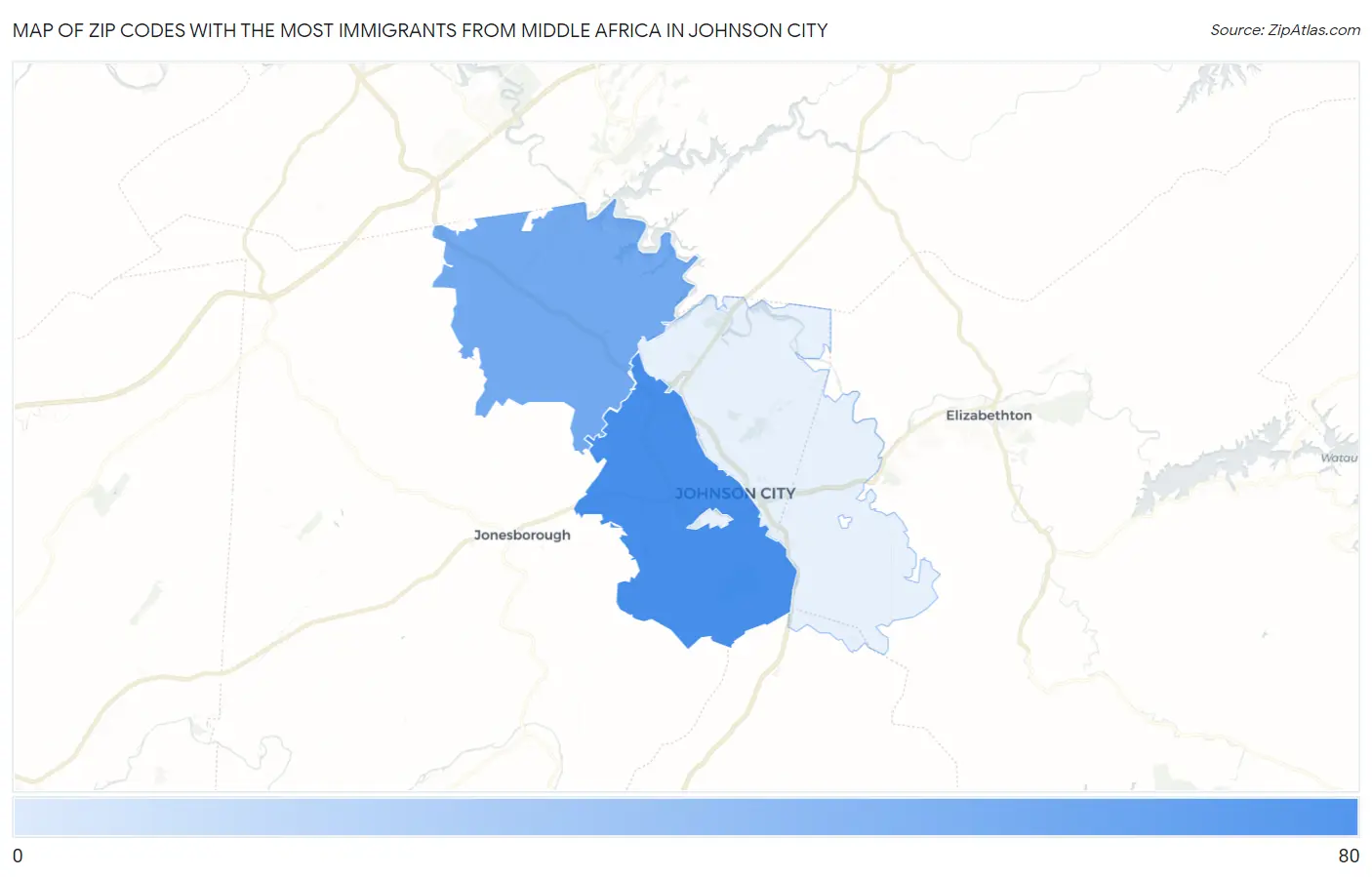 Zip Codes with the Most Immigrants from Middle Africa in Johnson City Map