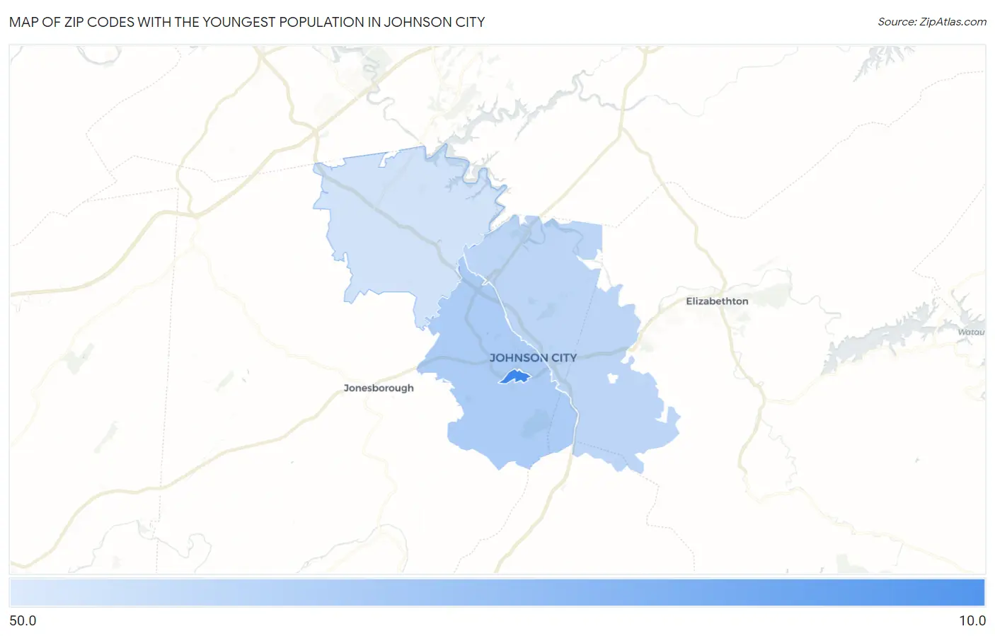 Zip Codes with the Youngest Population in Johnson City Map