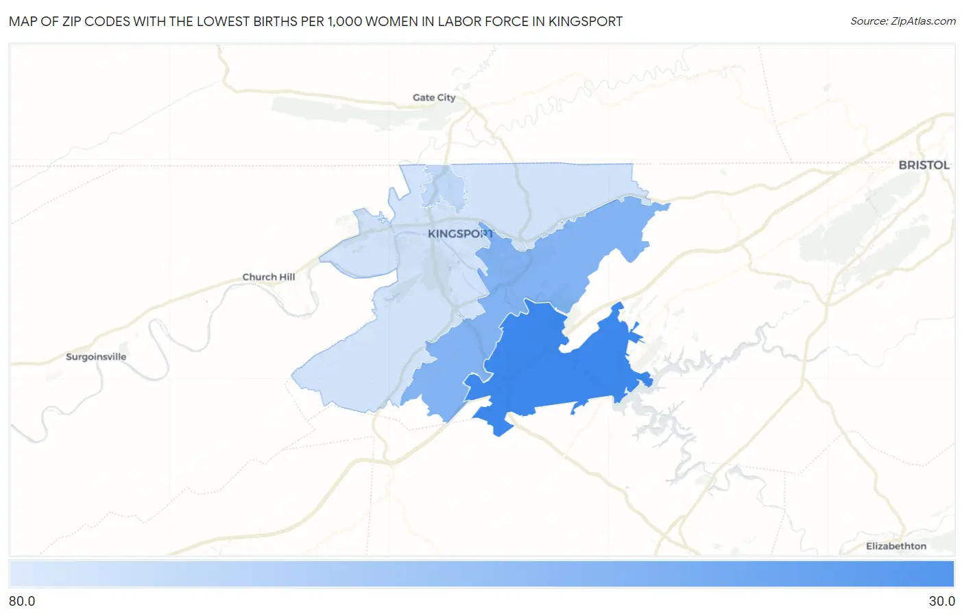 Zip Codes with the Lowest Births per 1,000 Women in Labor Force in Kingsport Map