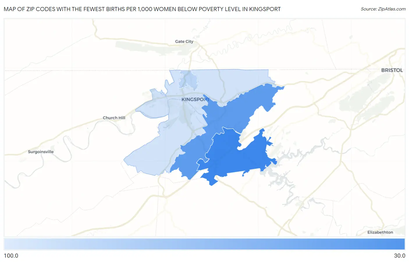 Zip Codes with the Fewest Births per 1,000 Women Below Poverty Level in Kingsport Map