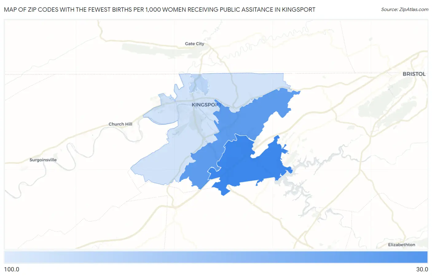 Zip Codes with the Fewest Births per 1,000 Women Receiving Public Assitance in Kingsport Map