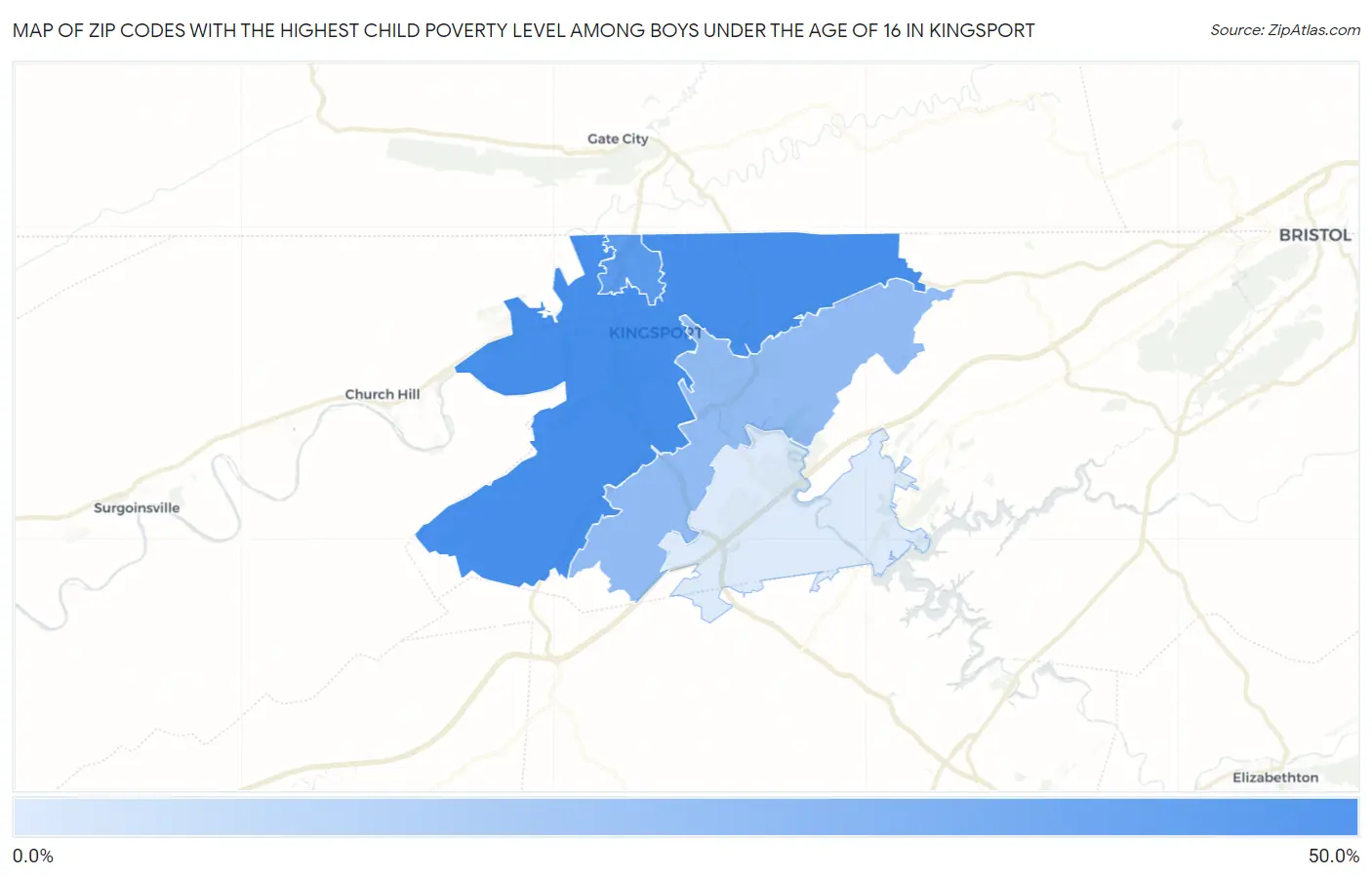 Zip Codes with the Highest Child Poverty Level Among Boys Under the Age of 16 in Kingsport Map