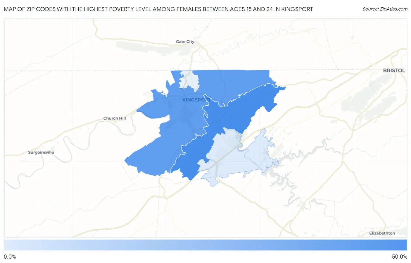 Zip Codes with the Highest Poverty Level Among Females Between Ages 18 and 24 in Kingsport Map